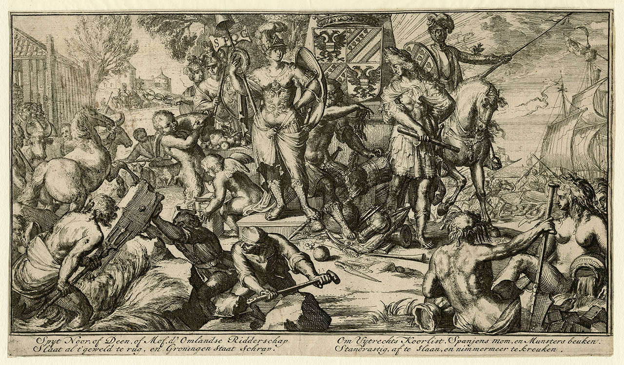 Allegorische voorstelling van de macht van Groningen, 1675-1700. Kopergravure. Maker onbekend, Groninger Archieven (817_10262)