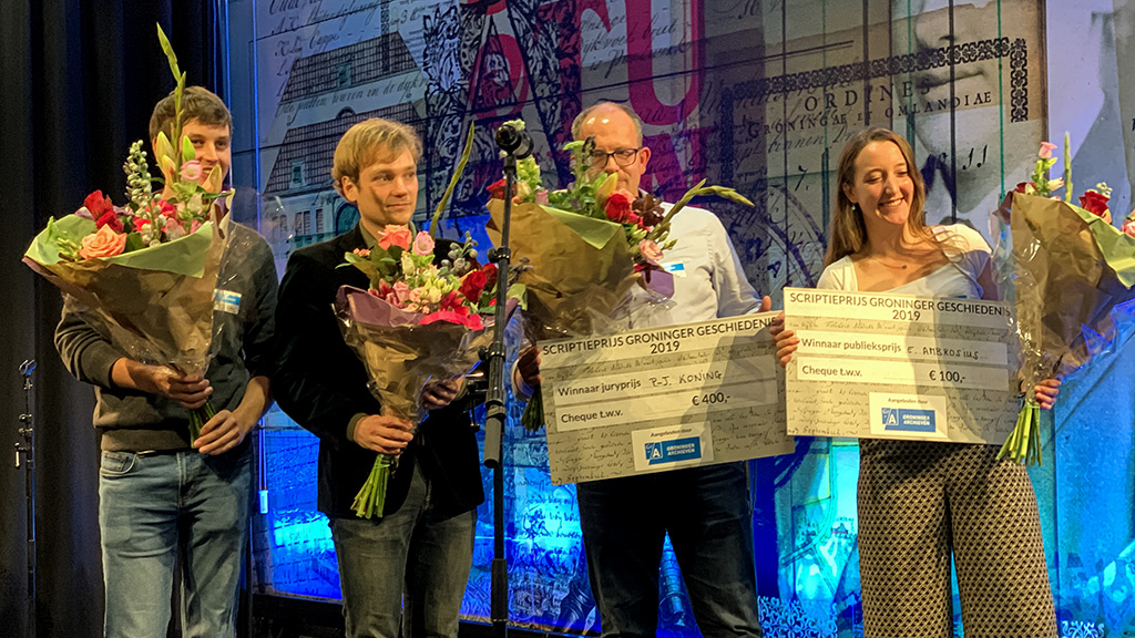 Genomineerden scriptieprijs 2019 Reinder Klinkhamer, Bart Hekkema en winnaars Piet-Jan Koning en Elvira Ambrosius.